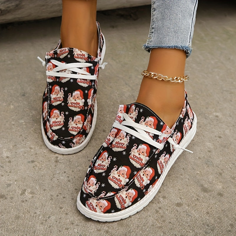 Women's Santa Print Slip On Shoes Round Toe Flat Lightweight