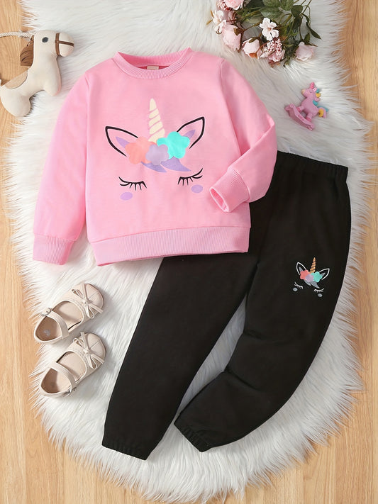 Cartoon Unicorn Print 2pc Sweatshirt & Sweatpants Set for Girls