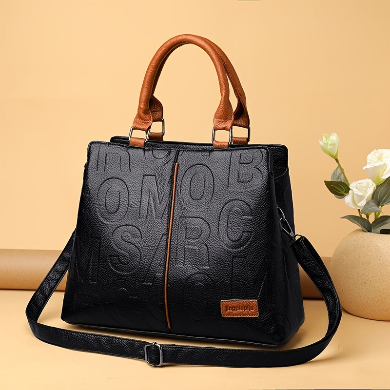 Embossed Faux Leather Shoulder Bag Women's Double Handle Purse