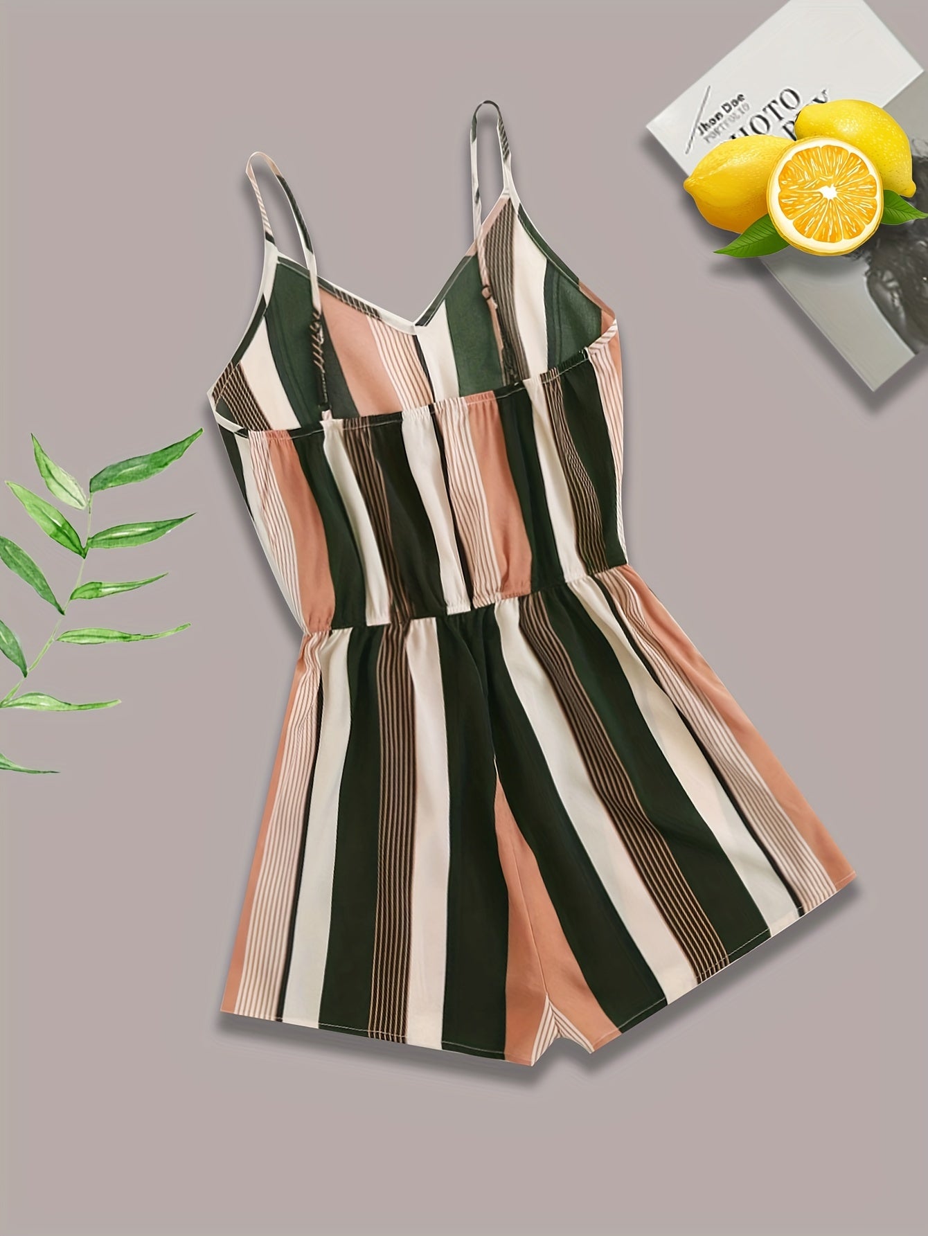 Striped Print V neck Cami Romper Jumpsuit Casual Sleeveless