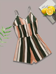 Striped Print V neck Cami Romper Jumpsuit Casual Sleeveless