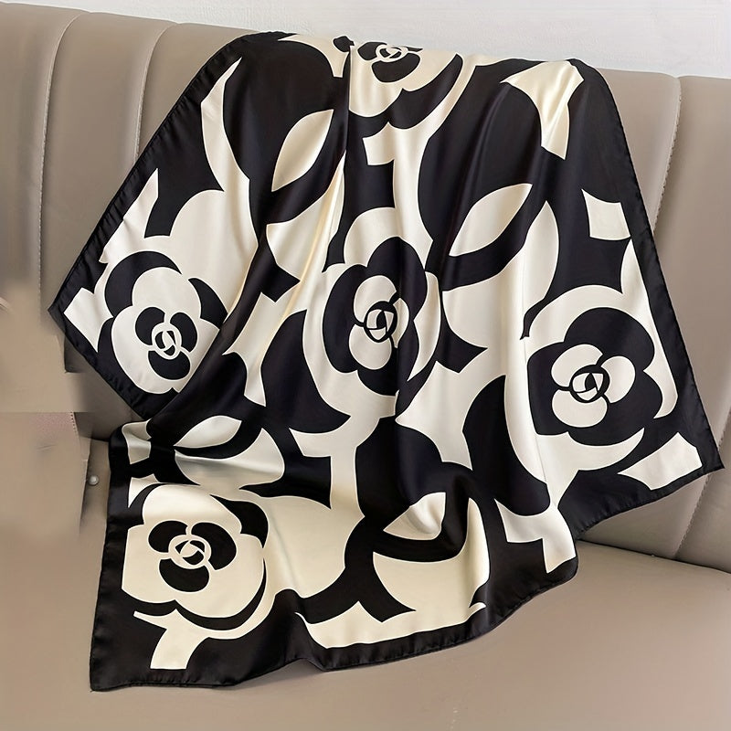 Camellia Print Square Scarf Satin Bandana Casual Shawl