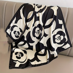 Camellia Print Square Scarf Satin Bandana Casual Shawl