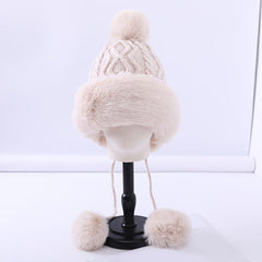 Fur Beanie Hat With Pom Pom Fuzzy Trapper Hat Ears Warm Knit Cap