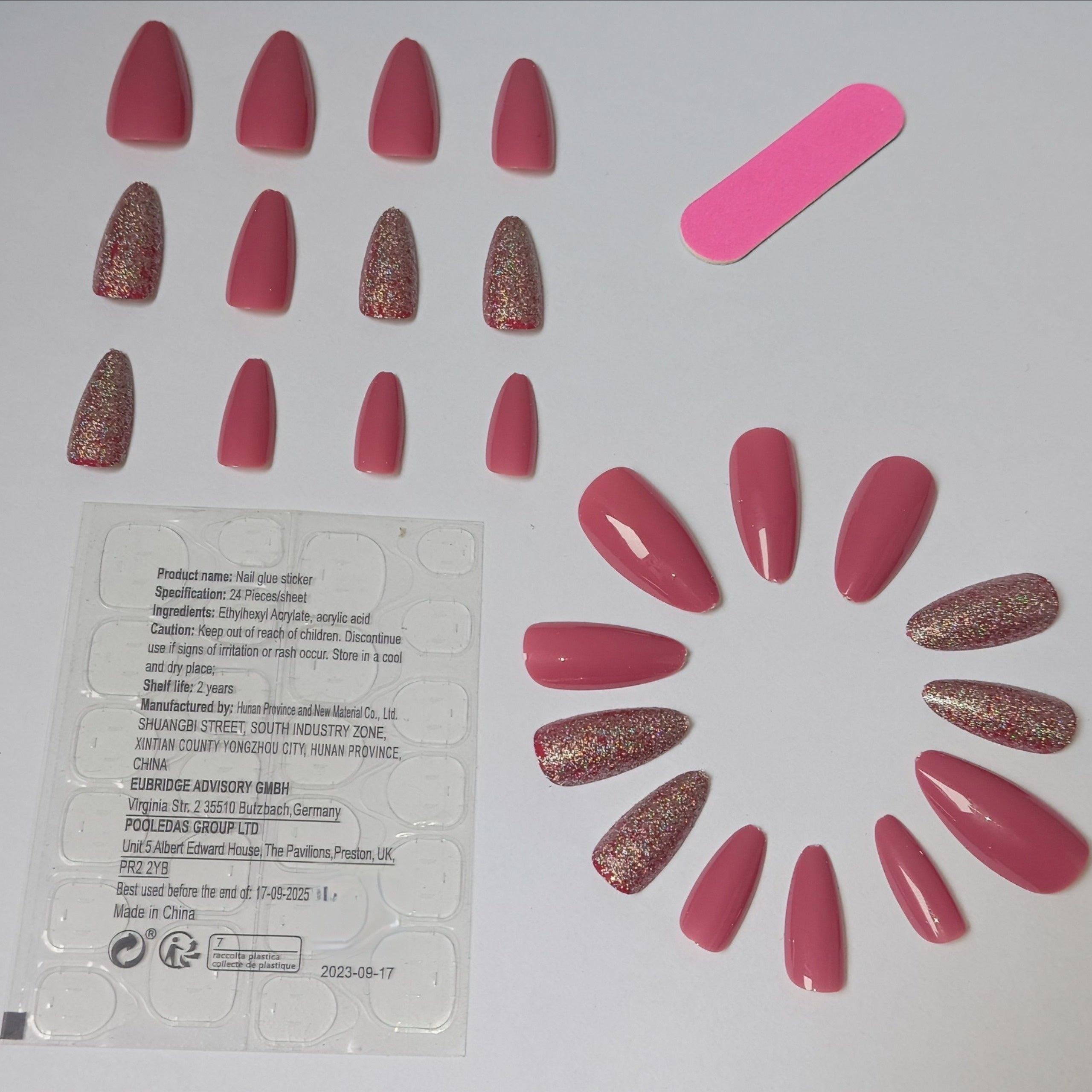 24pcs Pink Glitter Almond Press On Nails Medium Length Finish