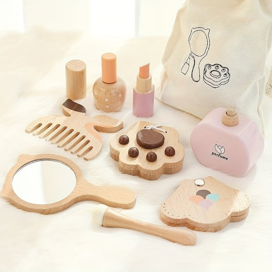 Girls' Wooden Makeup Set with Mirror Comb Lipstick Eyeshadow Powder Toy Gift