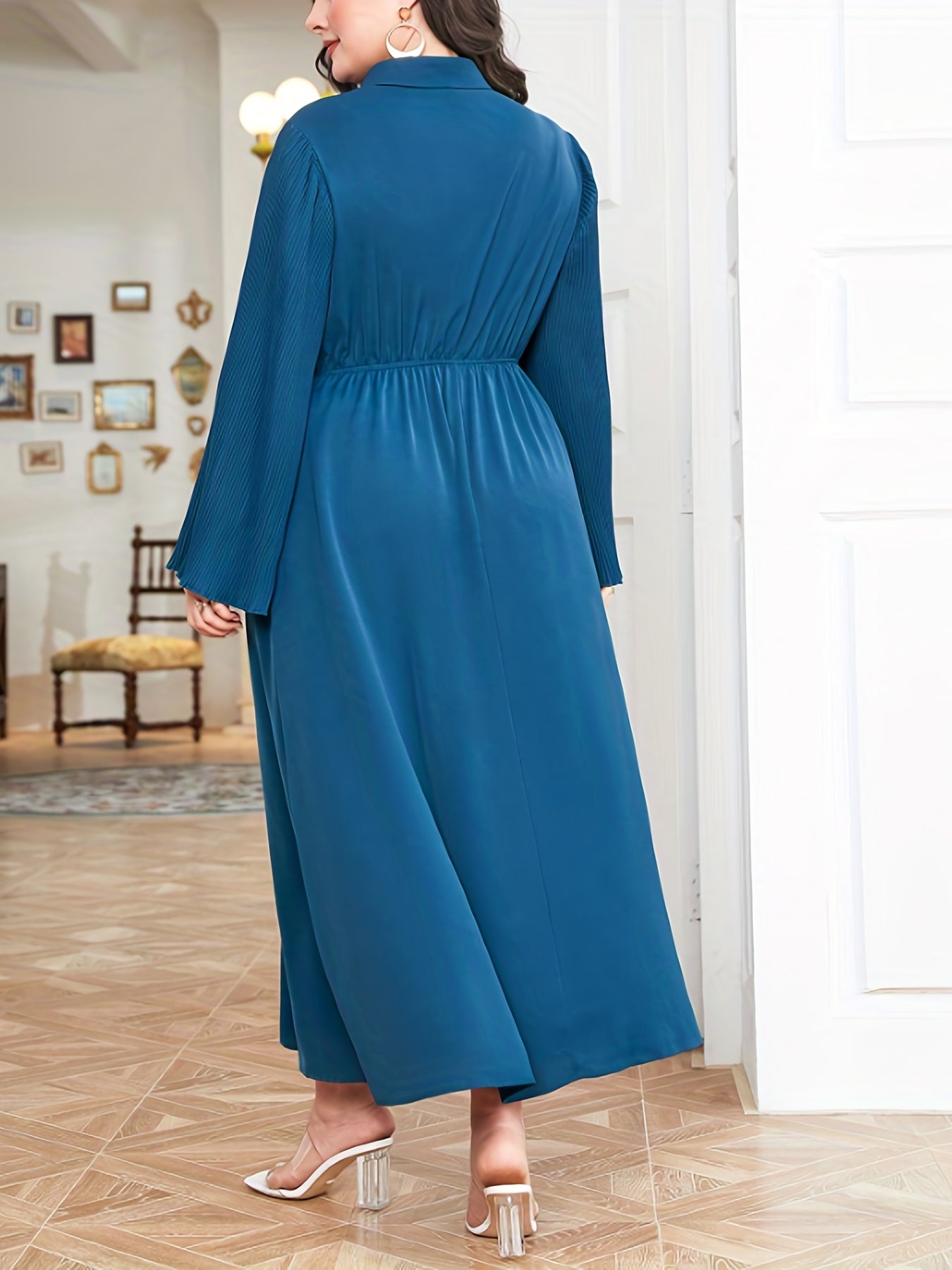  Dress Women's Plus Flared Sleeve Button Up Lapel Collar