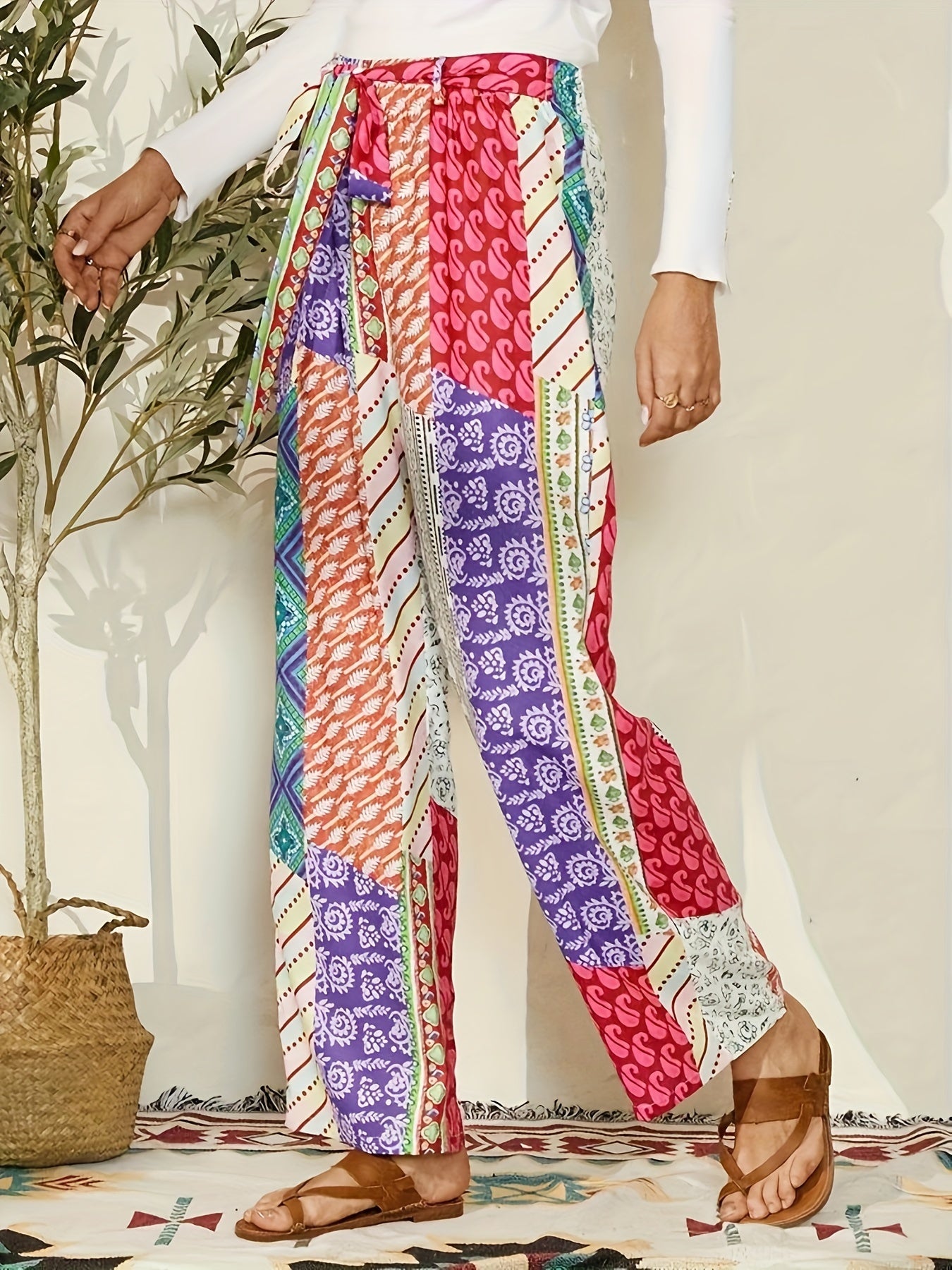  Patchwork Geo Print Loose Trousers With Belt