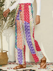  Patchwork Geo Print Loose Trousers With Belt