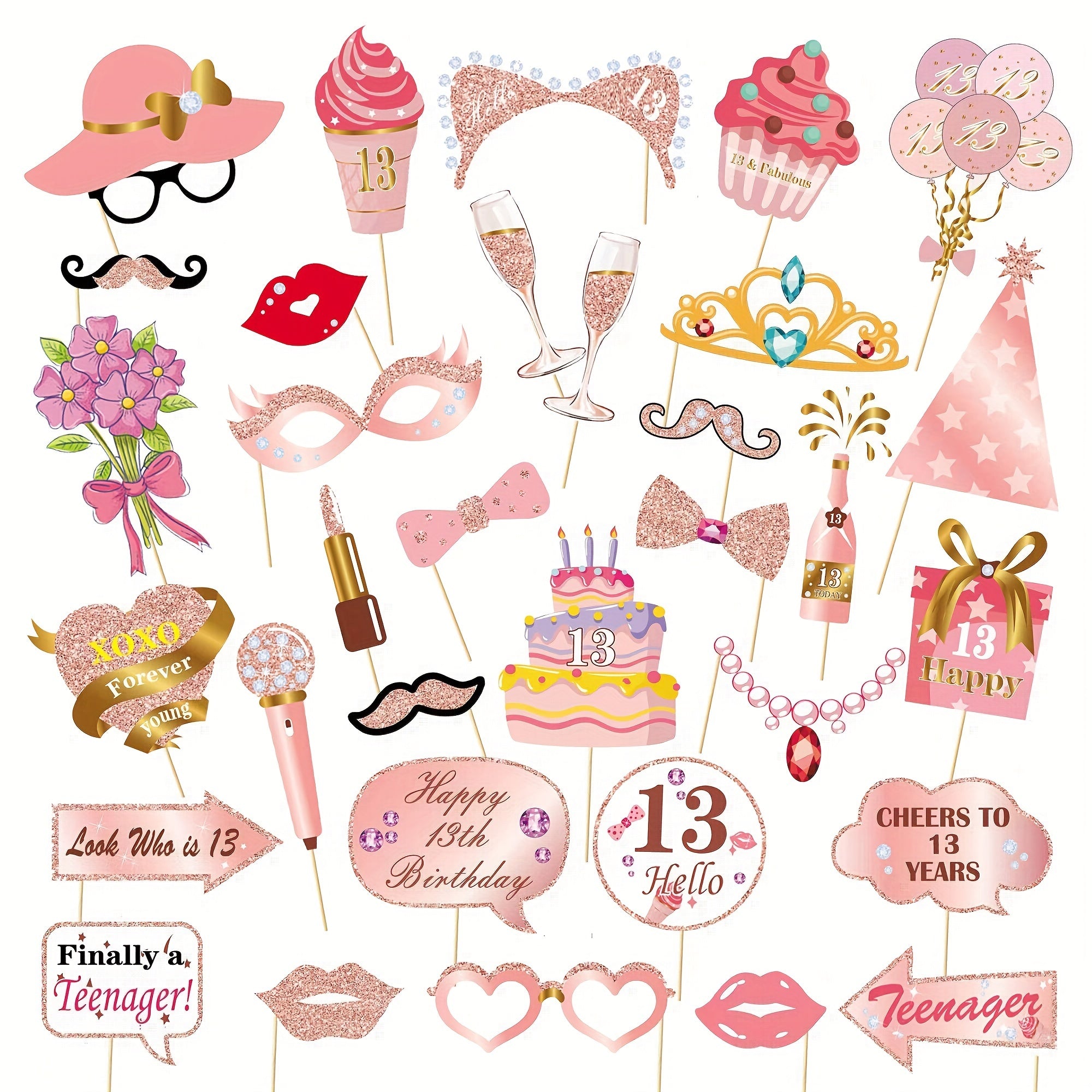 33pcs Rose Gold 13-60 Years Old Birthday Photo Props Pink Party Decorations