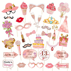 33pcs Rose Gold 13-60 Years Old Birthday Photo Props Pink Party Decorations