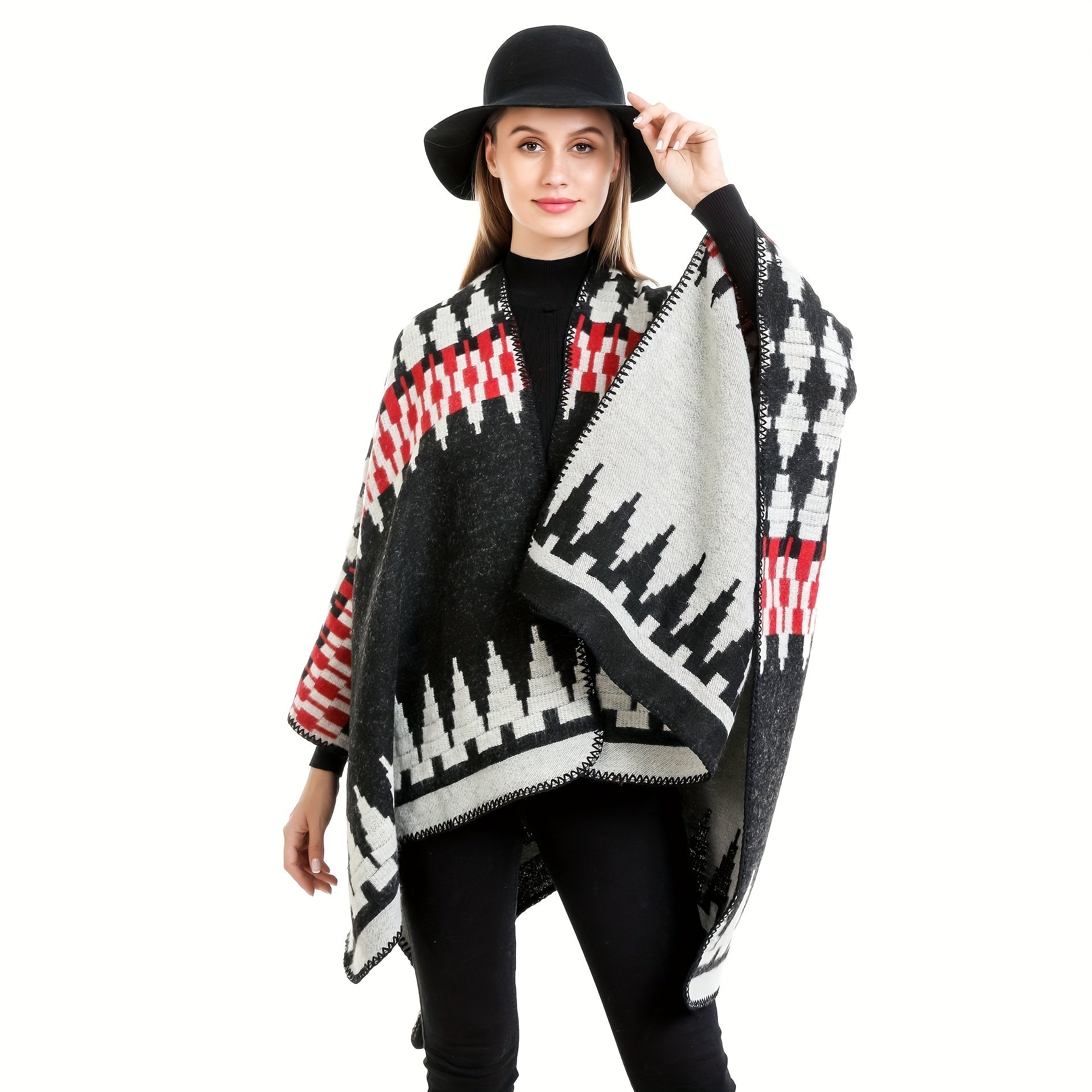 Boho Geometric Jacquard Shawl Windproof Cape Large Blanket Scarf