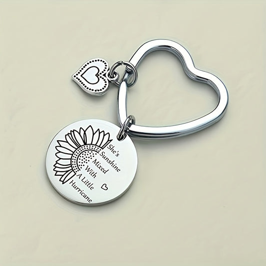 Heart Keychain Engraved Sunflower Inspirational Letter Keyring