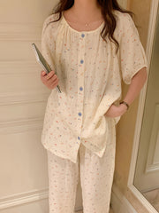 Floral Print Pajama Set Short Sleeve Button Top & Pants