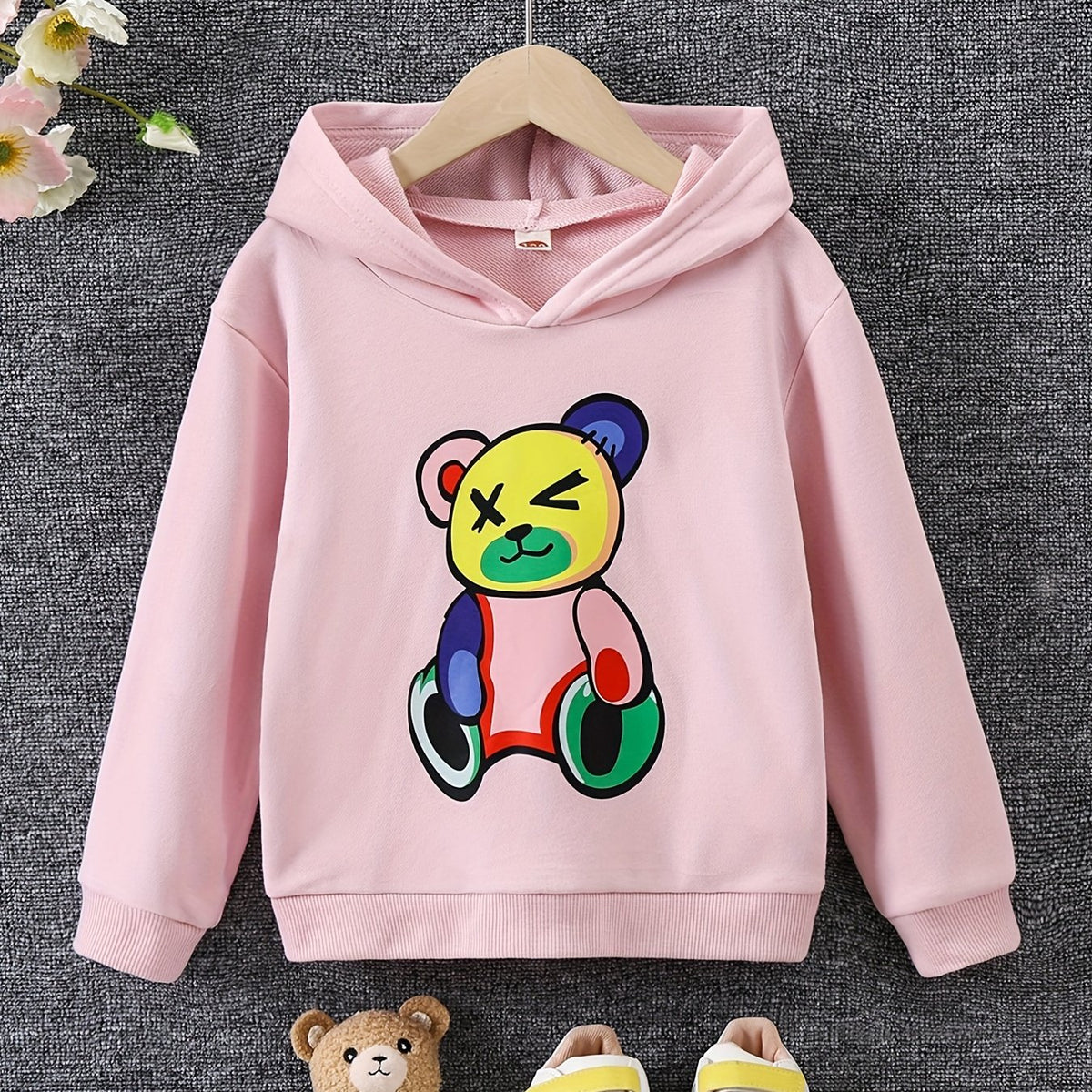 Girls Bear Print Hooded Sweatshirt Long Sleeve Pullover Casual Hoodie