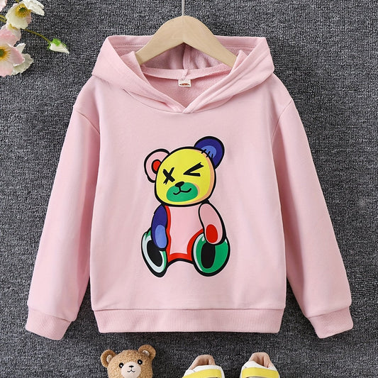 Girls Bear Print Hooded Sweatshirt Long Sleeve Pullover Casual Hoodie
