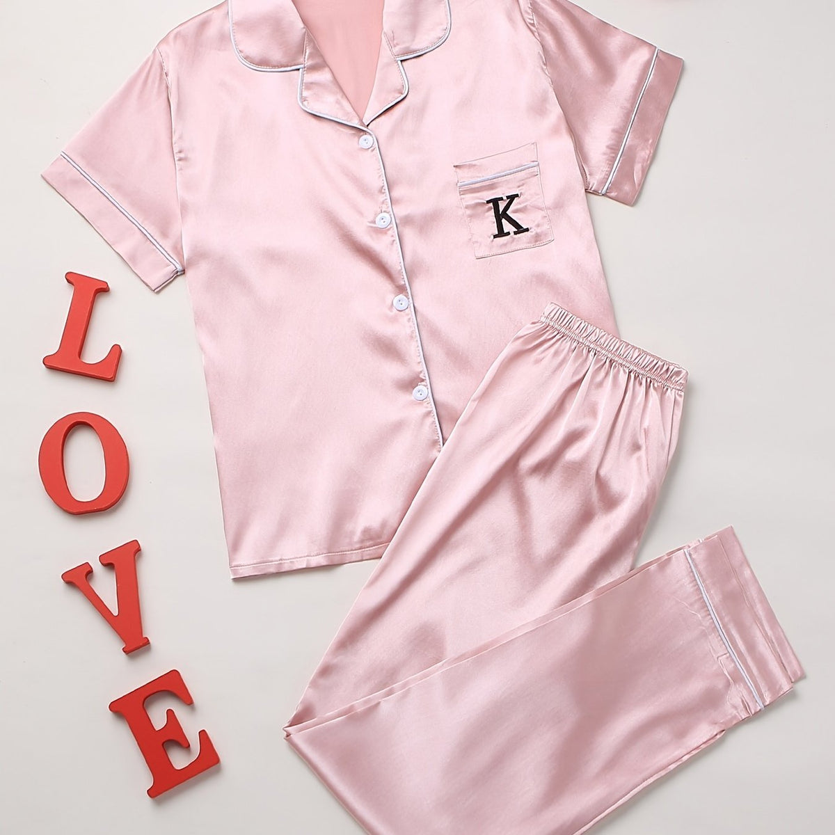 Letter Print Pajama Set Short Sleeve Top & Pants Women's Sleepwear