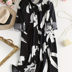  Brush Print Button Up Polo Neck Shirt Dress