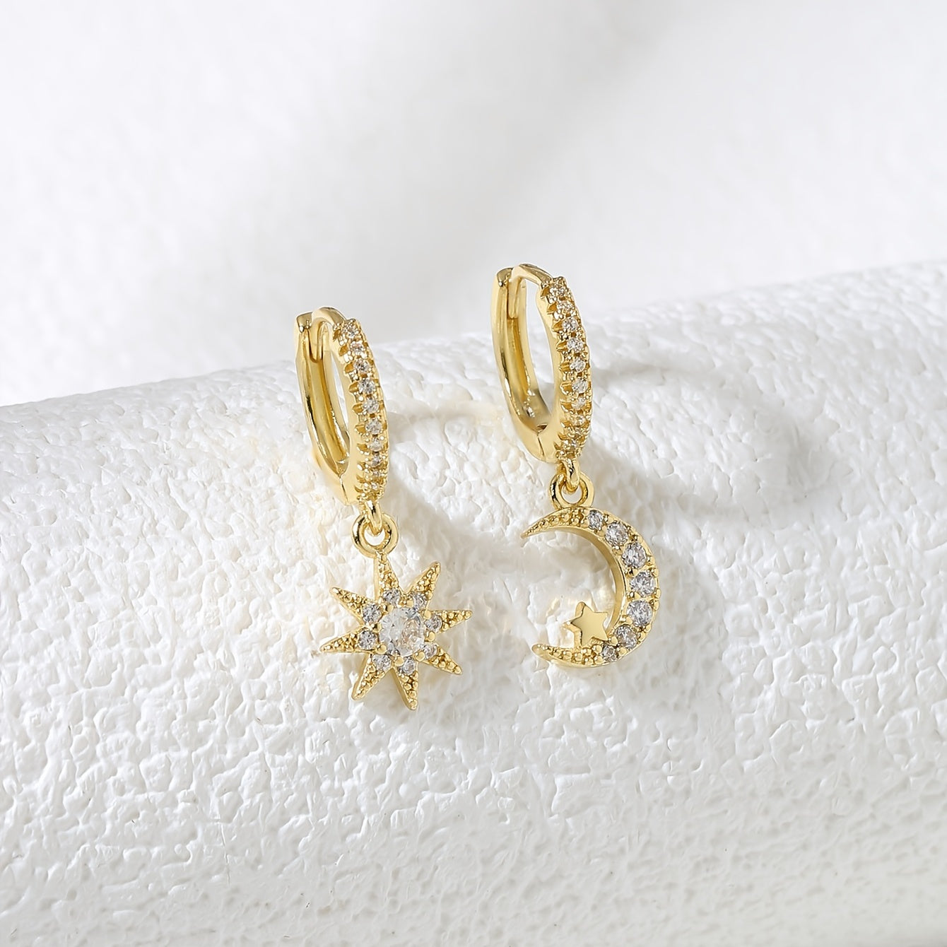 Sun & Moon Zircon Drop Hoop Earrings 18K Plated Ear Jewelry Gift