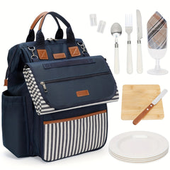 Picnic Backpack Bag for 4 Insulated Cooler Pouch Wooden Cutlery