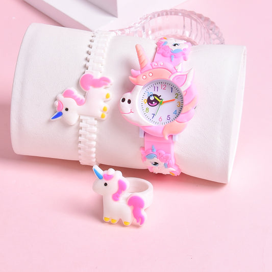 Pony Girls' Watch 3pcs Set 3D Cartoon Pony Girls' Watch Soft Silicon Strap