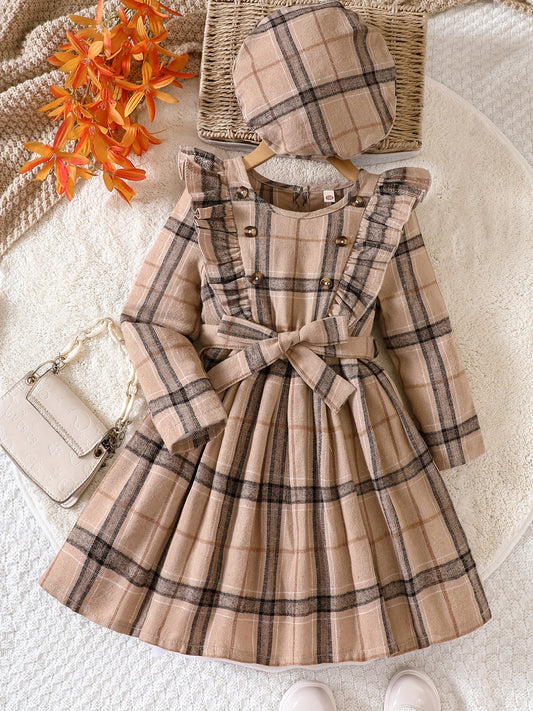 Girls' Plaid Ruffle Trim Dress Set with Hat