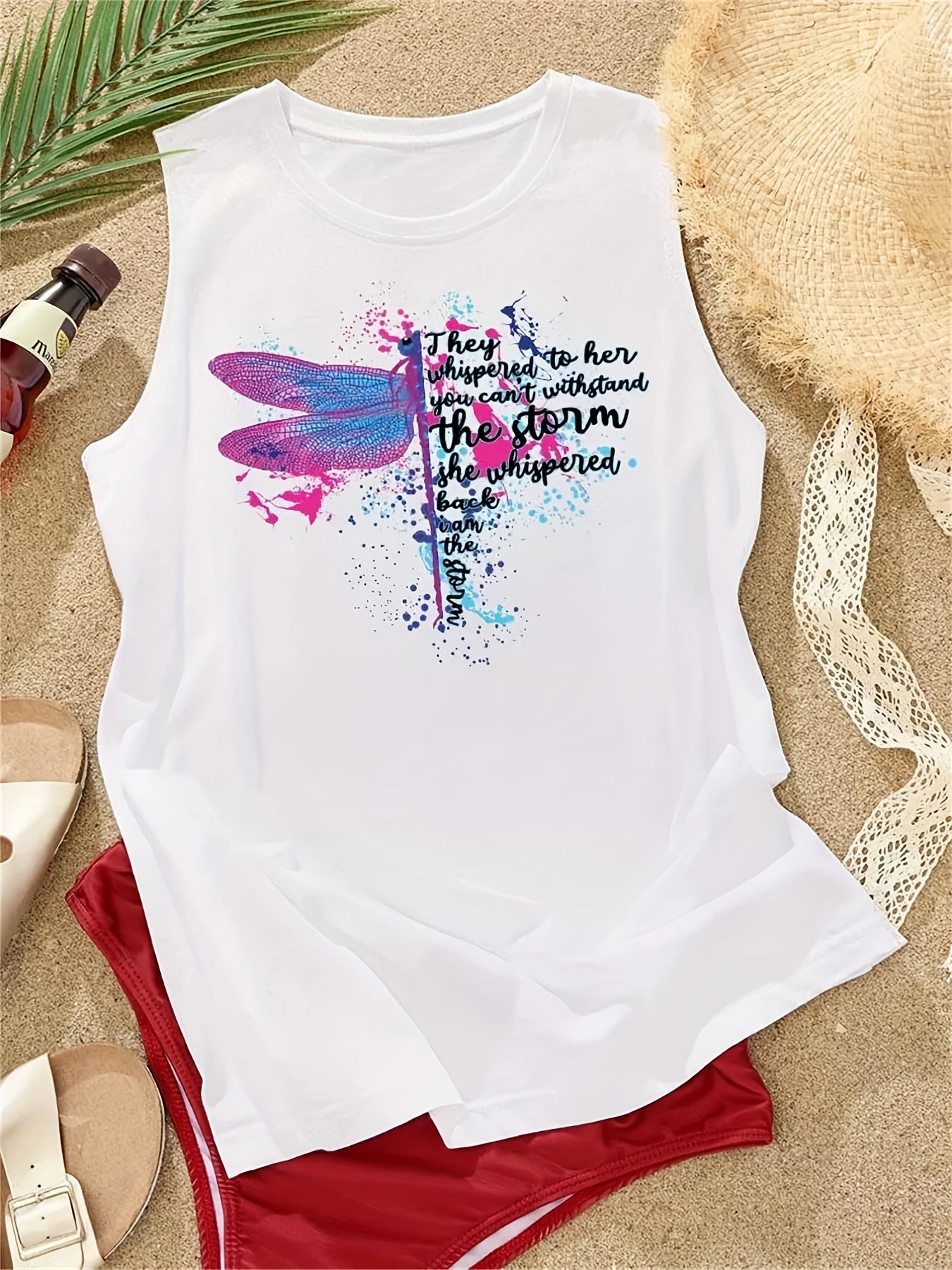 Dragonfly & Letter Print Tank Top for Summer