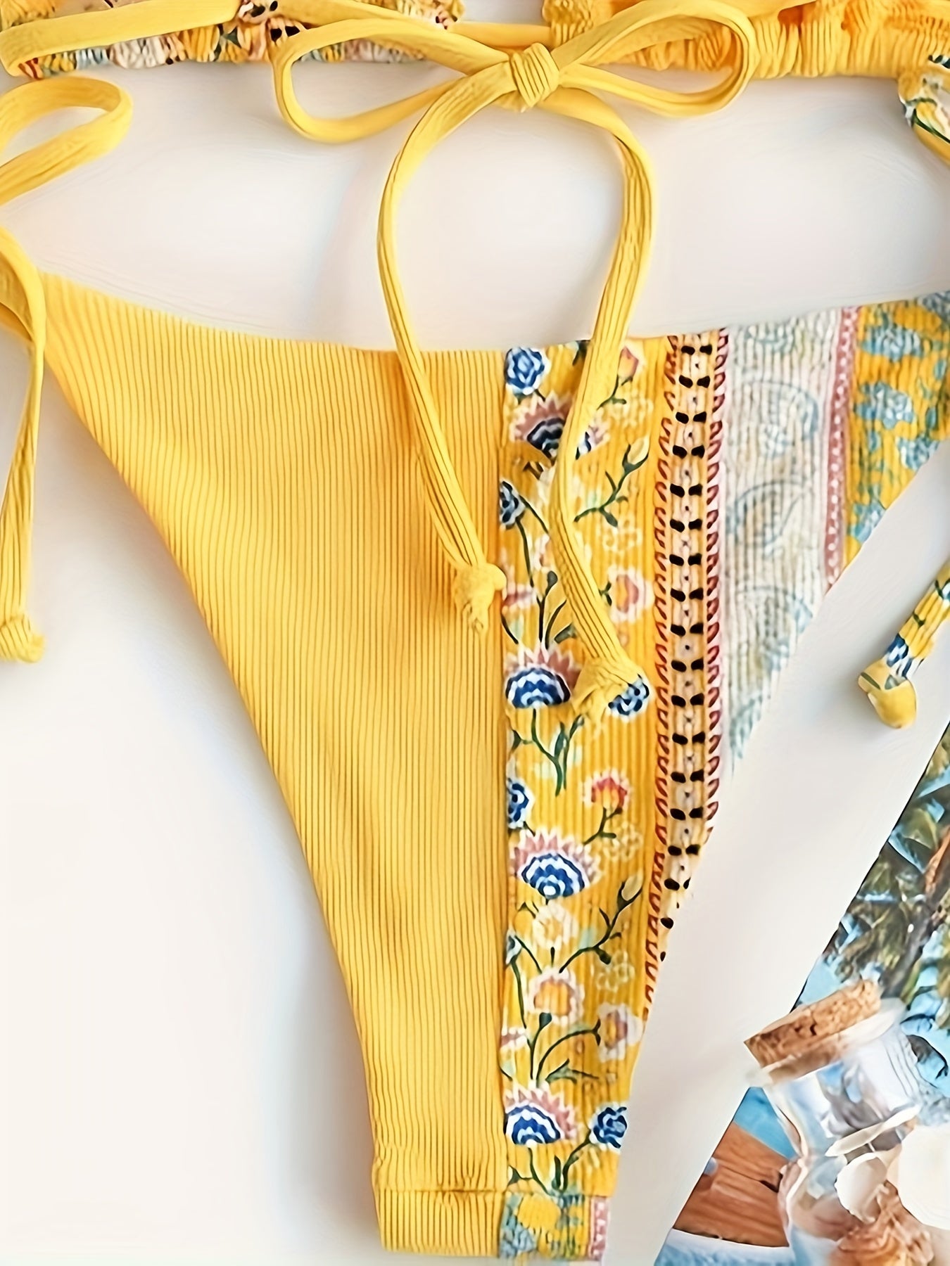 Floral Print Patchwork Bikini Sets Tie Back Backless Beachwear 2 Pieces Swimsuit