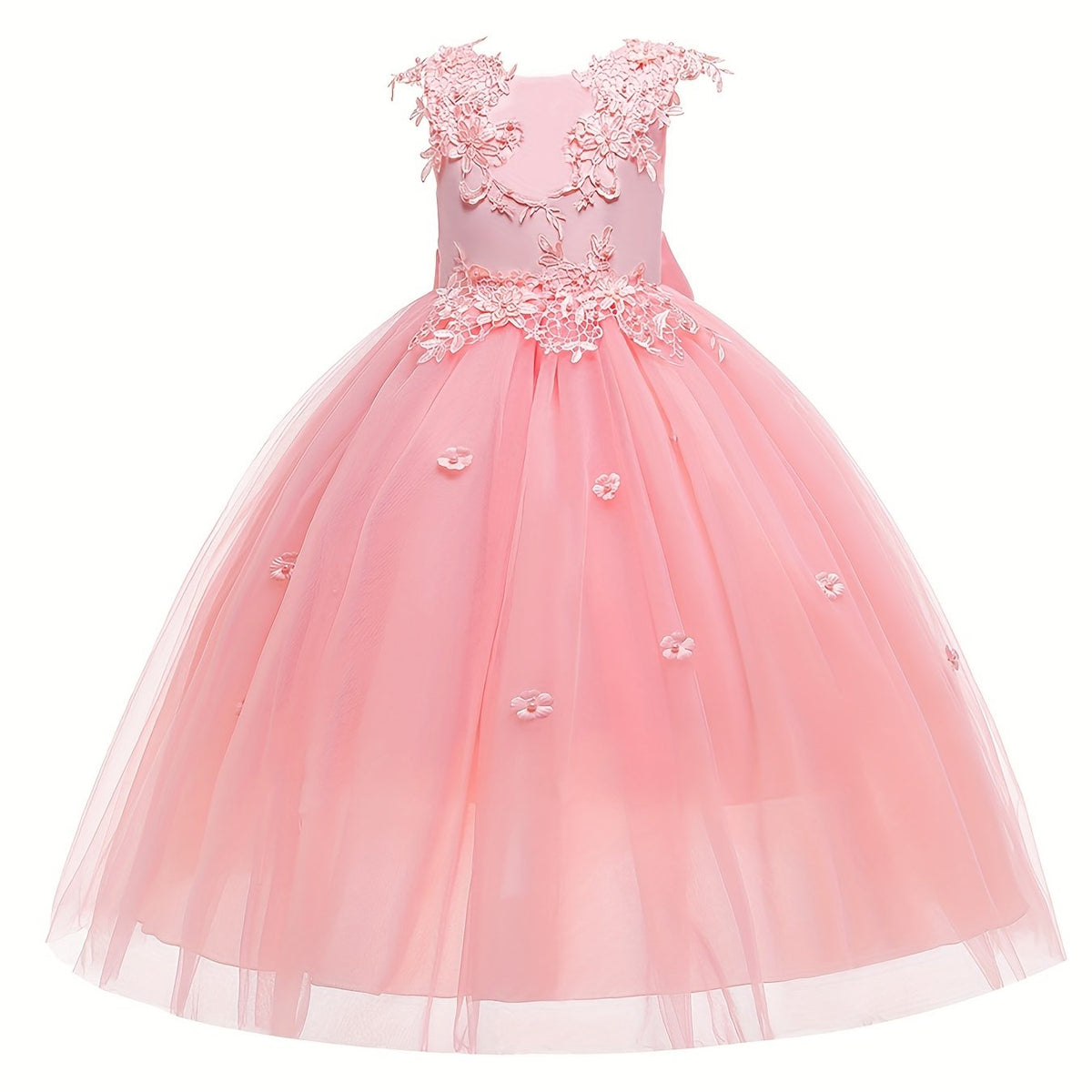 Girls Pearl Embroidered Mesh Bow Princess Party Dress