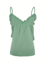 Ruffle Trim V neck Cami Top Backless Spaghetti Strap Top