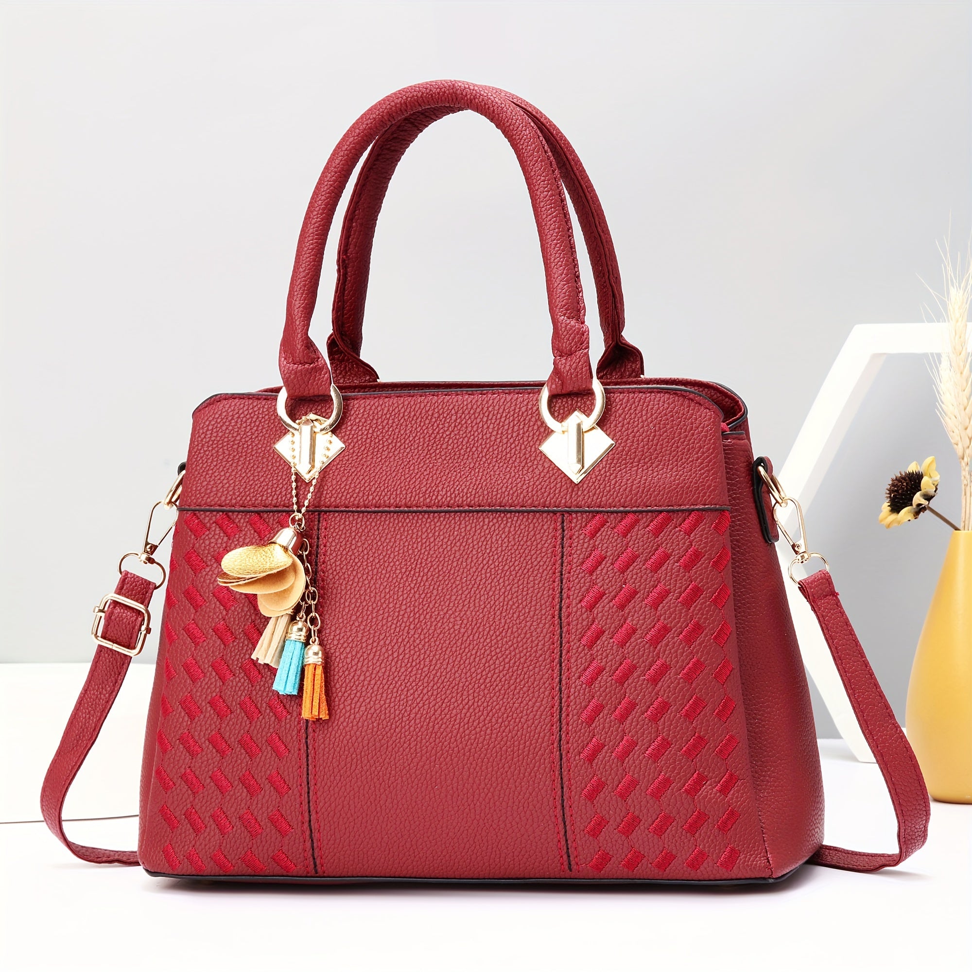 Grid Pattern Tote Handbag in PU Leather