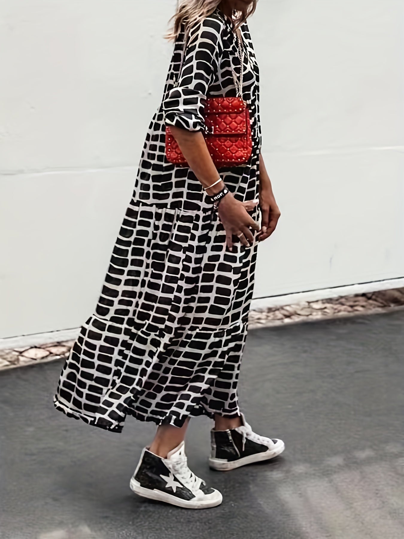  Colorblock Geometric Print Maxi Dress