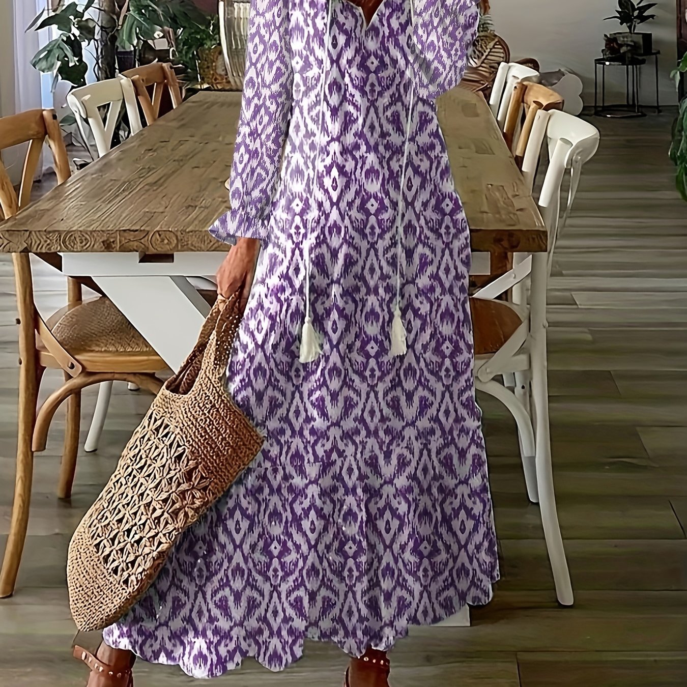  Boho Maxi Dress Allover Print Flounce Sleeve V Neck Smock