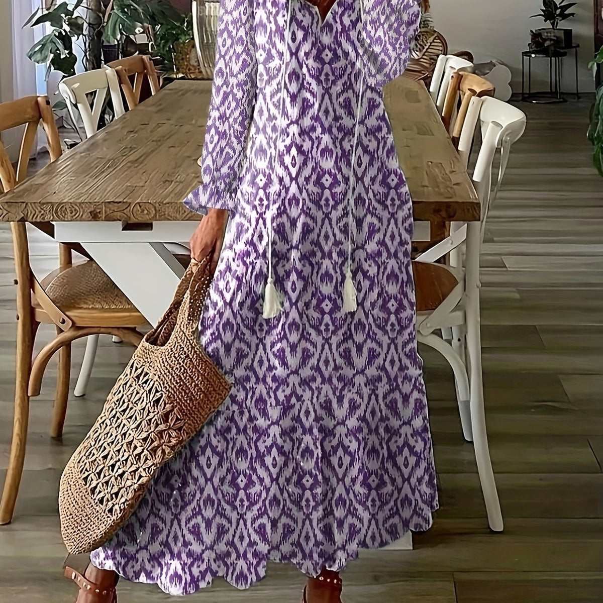  Boho Maxi Dress Allover Print Flounce Sleeve V Neck Smock