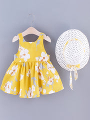 Baby Girls Sleeveless Flowers Print Beach Dress With Hat