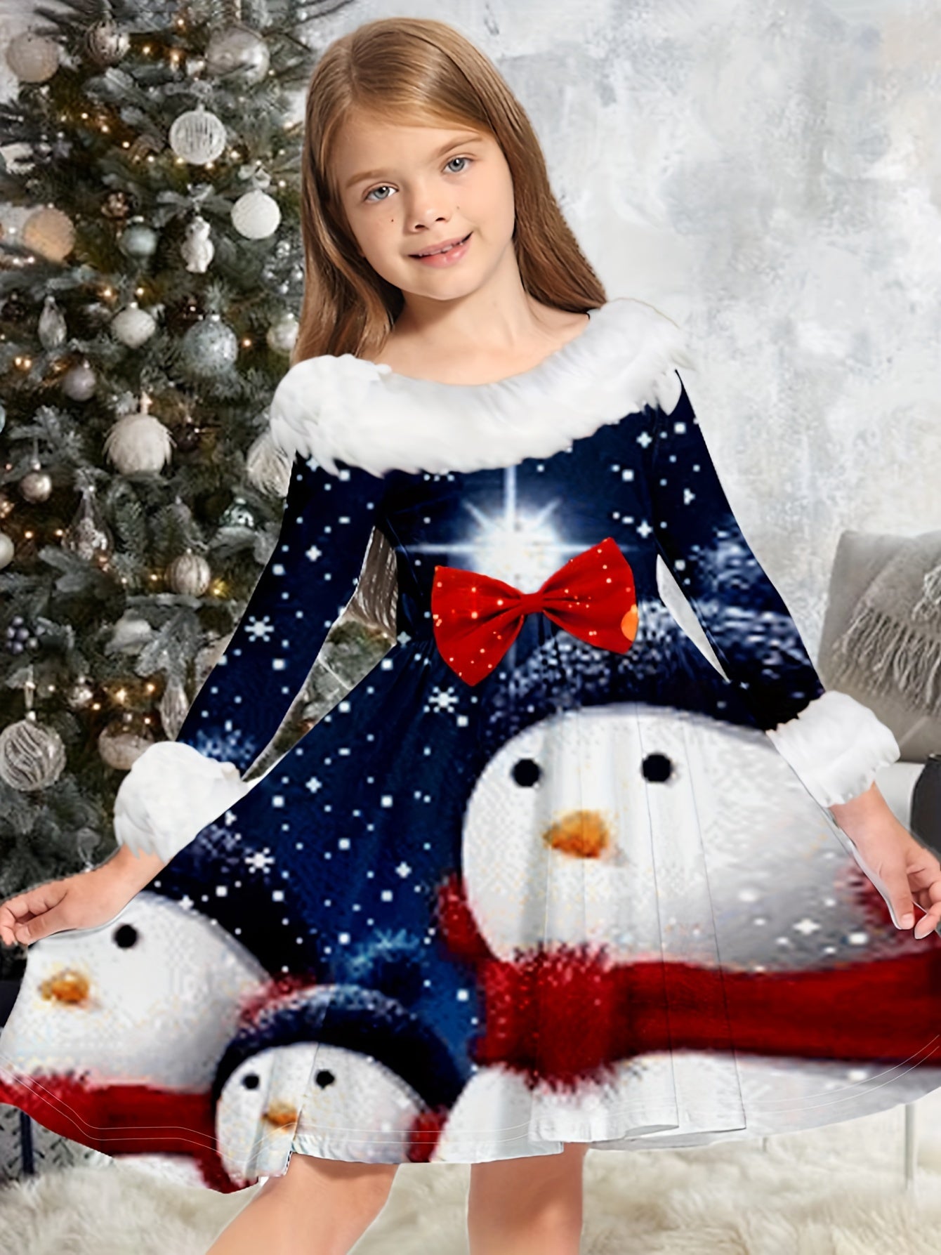 Snowflake Graphic Crew Neck Long Sleeve Dress Girls Christmas Dresses