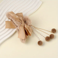 Bowknot Tassel Faux Pearl Plush Hair Claw Clip Strong Grip Hair Jaw Clip