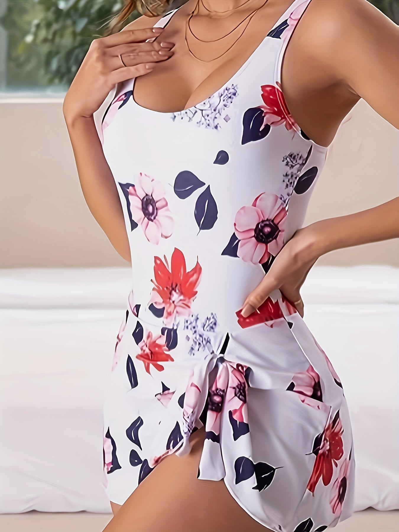 Floral Print Scoop Neck One Piece Skirted Swimsuit - Plus Size