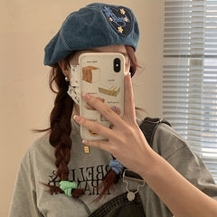 Lucky Heart Patch Beret Vintage Embroidery Washed Denim Painter Cap