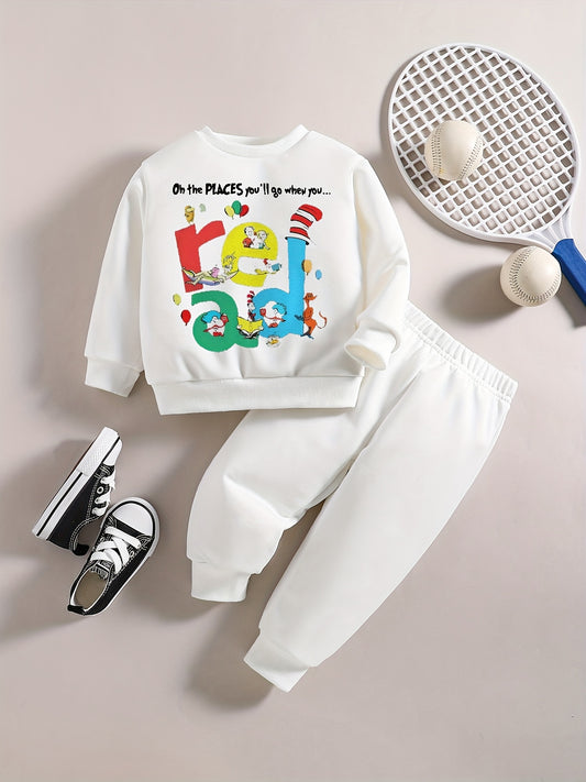 Baby Boy Set Kids Early Educational READ Letter Cartoon Graphic Top Pants Outfit