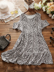  Leopard Print Cold Shoulder Round Neck Smock Dress
