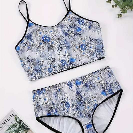 Plus Size Chinoiserie Print Underwear Set