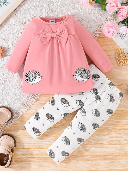 Girls Hedgehog Print Sweatshirt Dress & Full Print Pants Set