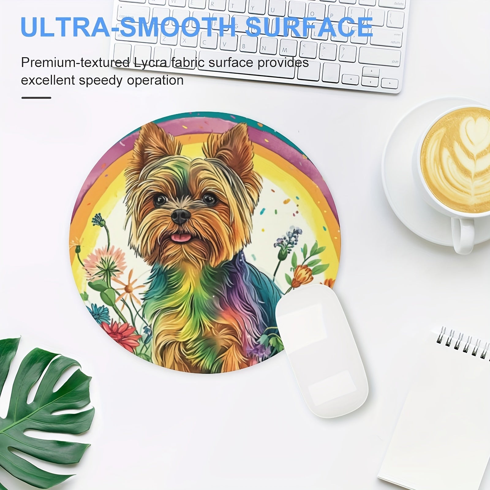 Flower Dog Round Mouse Pad Non-Slip Rubber Base