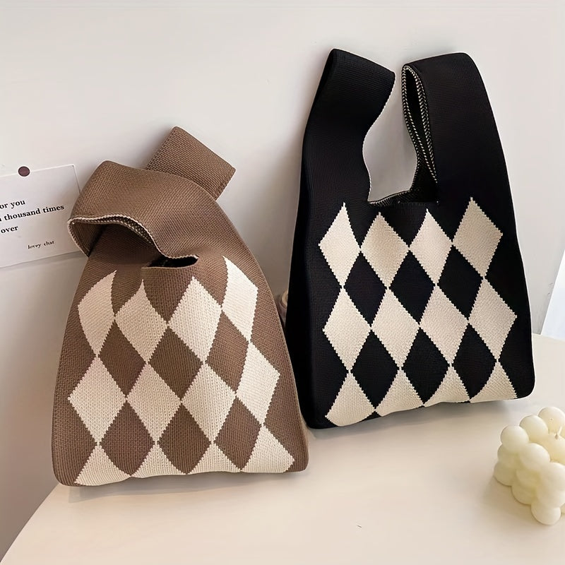 Rhombus Contrast Woven Handbag Fabric Crochet Niche Tote Bag