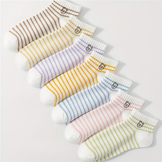 7 Pairs Cartoon Bear & Striped Crew Women's Socks