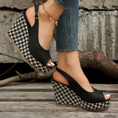 Women's Houndstooth Platform Wedge Sandals Peep Toe Buckle Strap Slingback Heels