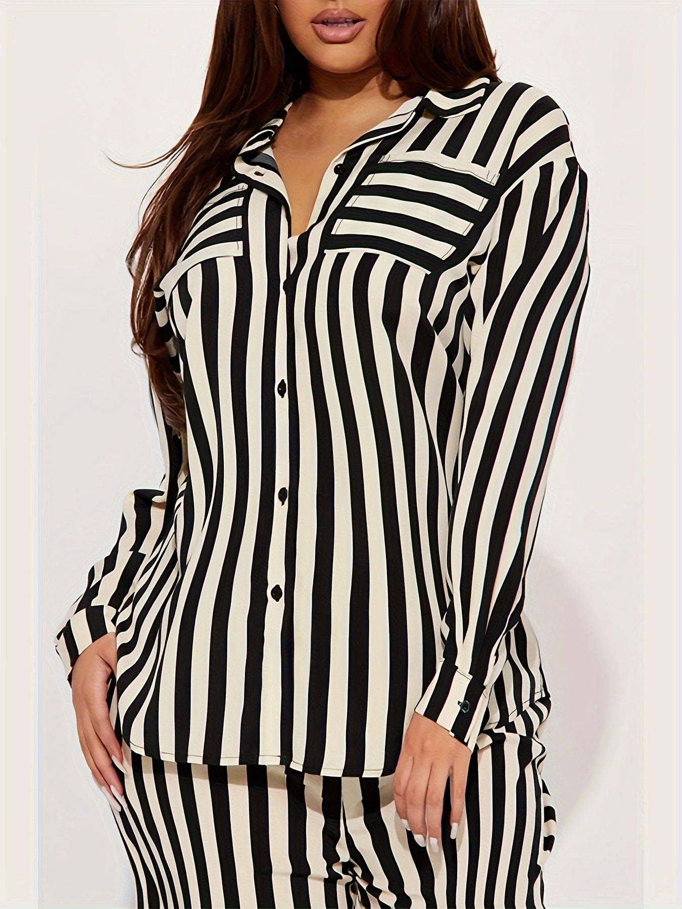  Stripe Print Blouse & Pants Outfits 2 Piece Set