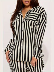  Stripe Print Blouse & Pants Outfits 2 Piece Set