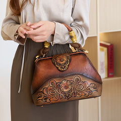 Vintage Style Handbag with Flower Pattern PU Material Shoulder Bag